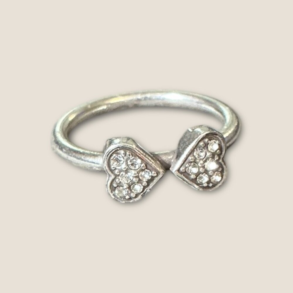 Double Heart Silver Ring With Rhinestones Size 6.75 - Picture 2 of 2